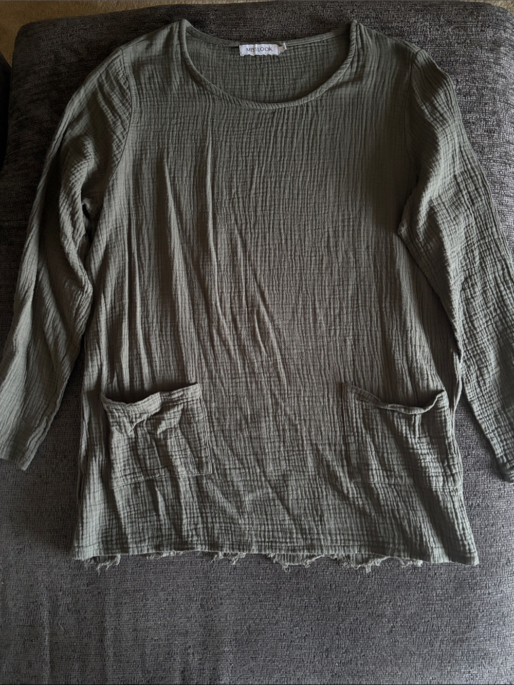 MISSLOOK Olive Green Long Sleeve Textured Pocket Top